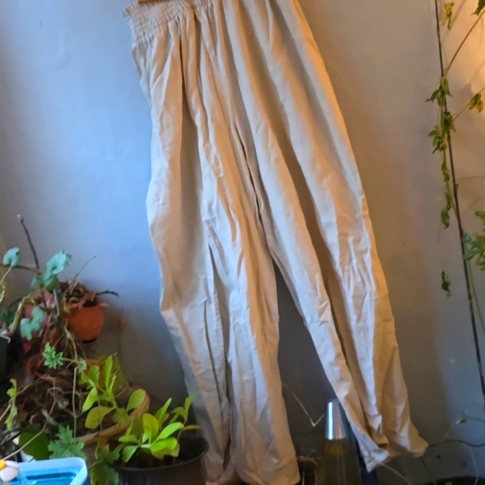Linen Blend Land n Sea Cremr Palazzo Pants Lagenlook Ruched Elastic Waist Sz M